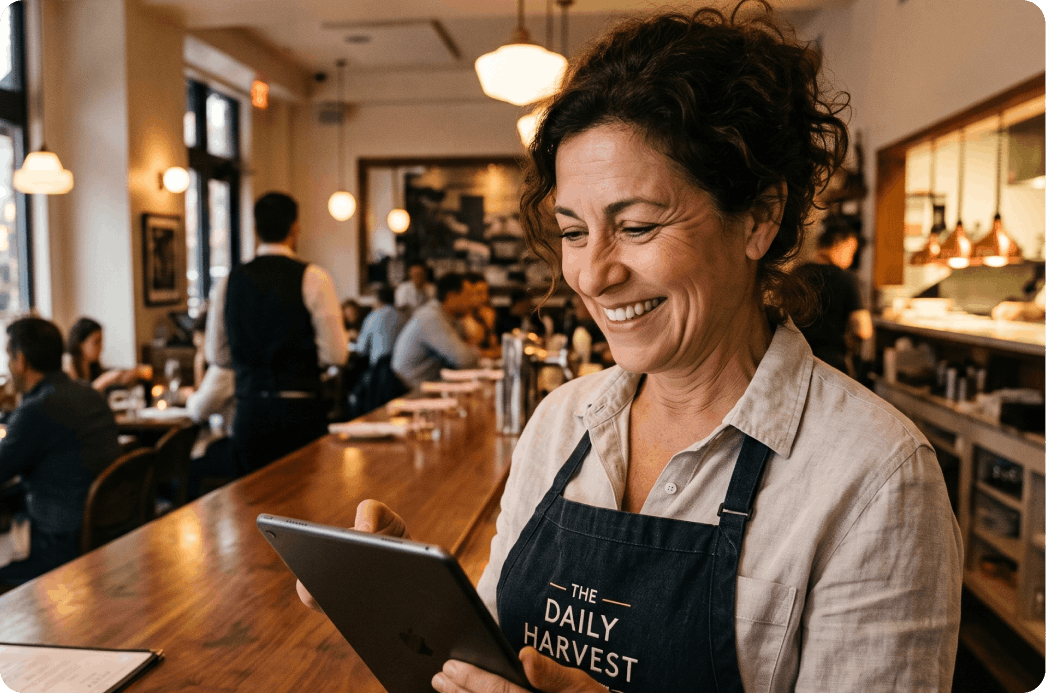 Restaurant manager using a tablet POS to manage email marketing campaigns