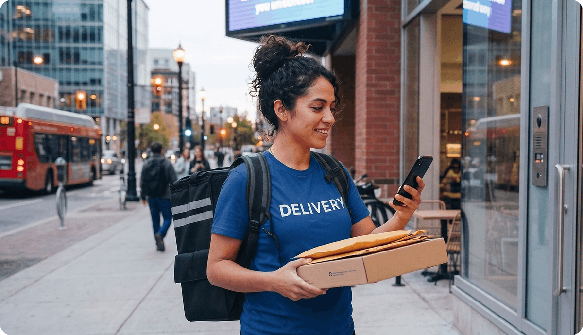 Delivery courier checking an order on her smartphone while carrying takeout packages