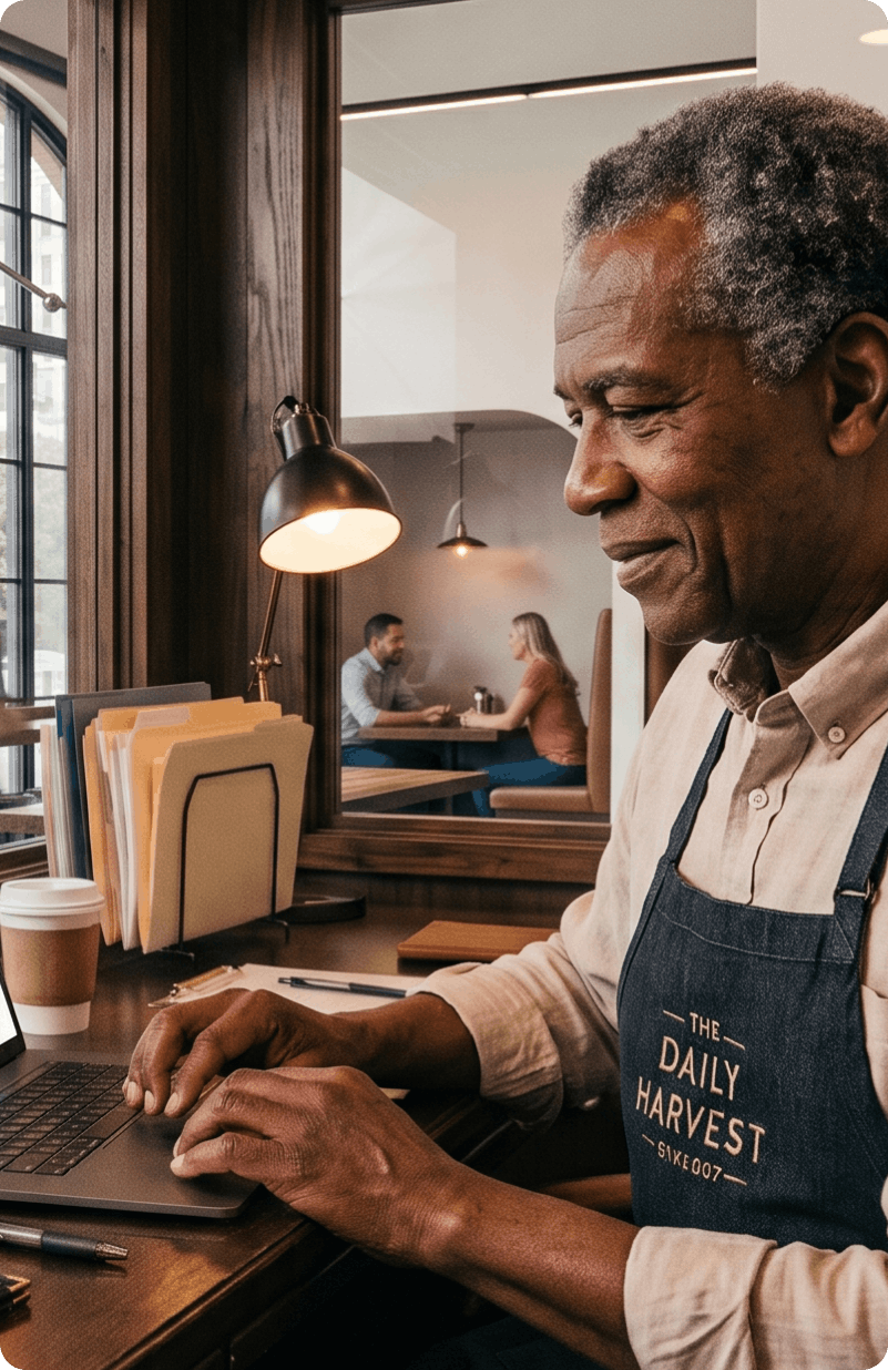 Restaurant owner reviewing VoiceBit phone ordering activity on a laptop in the back office